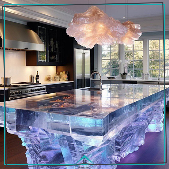 طراحی جزیره شیشه‌ای در آشپزخانه