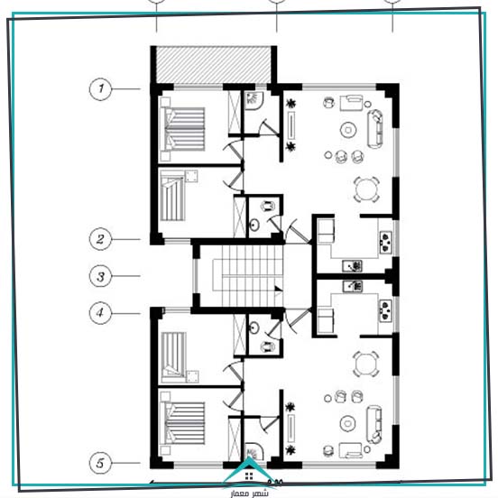 توزیع فضایی در تحلیل پلان آپارتمان دو واحدی